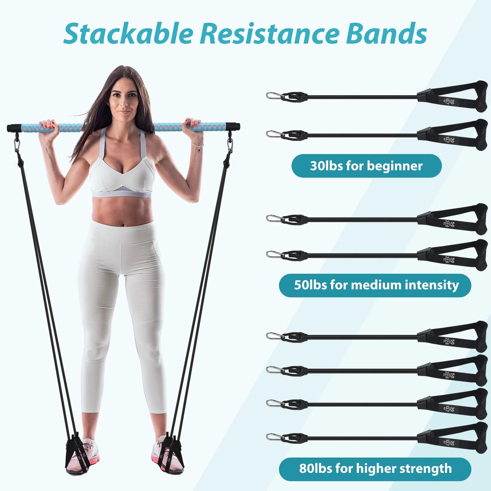 Adjustable Pilates Bar Kit with 4 Resistance Bands, Portable Pilates Bar Stick for Home Workout, Adjustable Pilate Bar for Gym Fitness