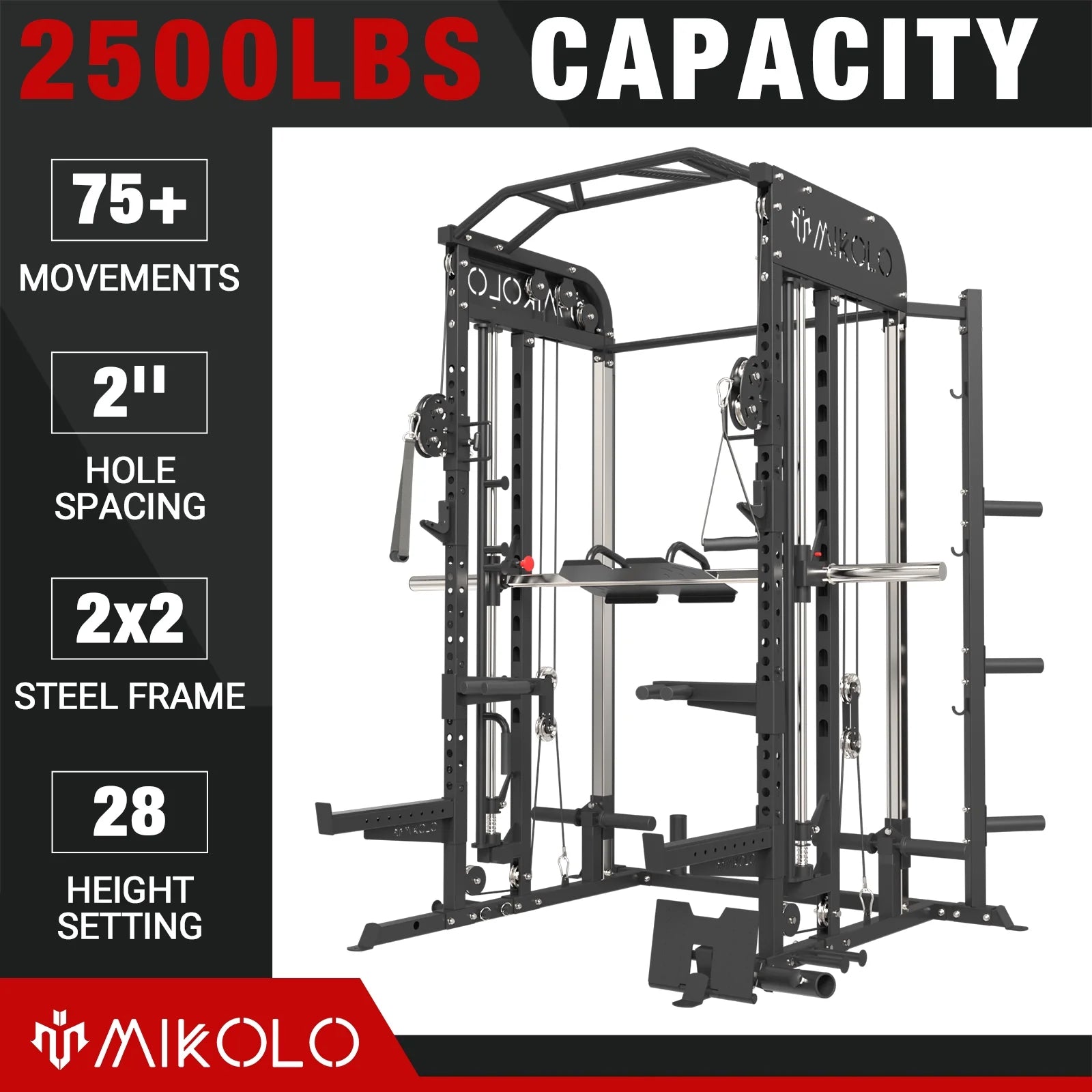 Smith Machine, All-In-One Power Rack Cage with Adjustable Cable Crossover, Vertical Leg Press and Smith Bar, Multifunctional Squat Rack with J Hook, Spotter Arms and Other