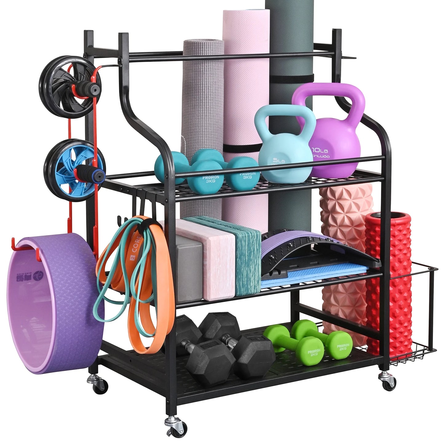 Yoga Mat Storage Racks,Home Gym Storage Rack for Dumbbells Kettlebells Foam Roller, Yoga Strap and Resistance Bands, Workout Equipment Storage Organizer with Hooks and Wheels