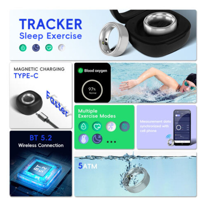 Smart Ring Health Waterproof Finger Rings Monitor Heart Rate Fitness Tracker