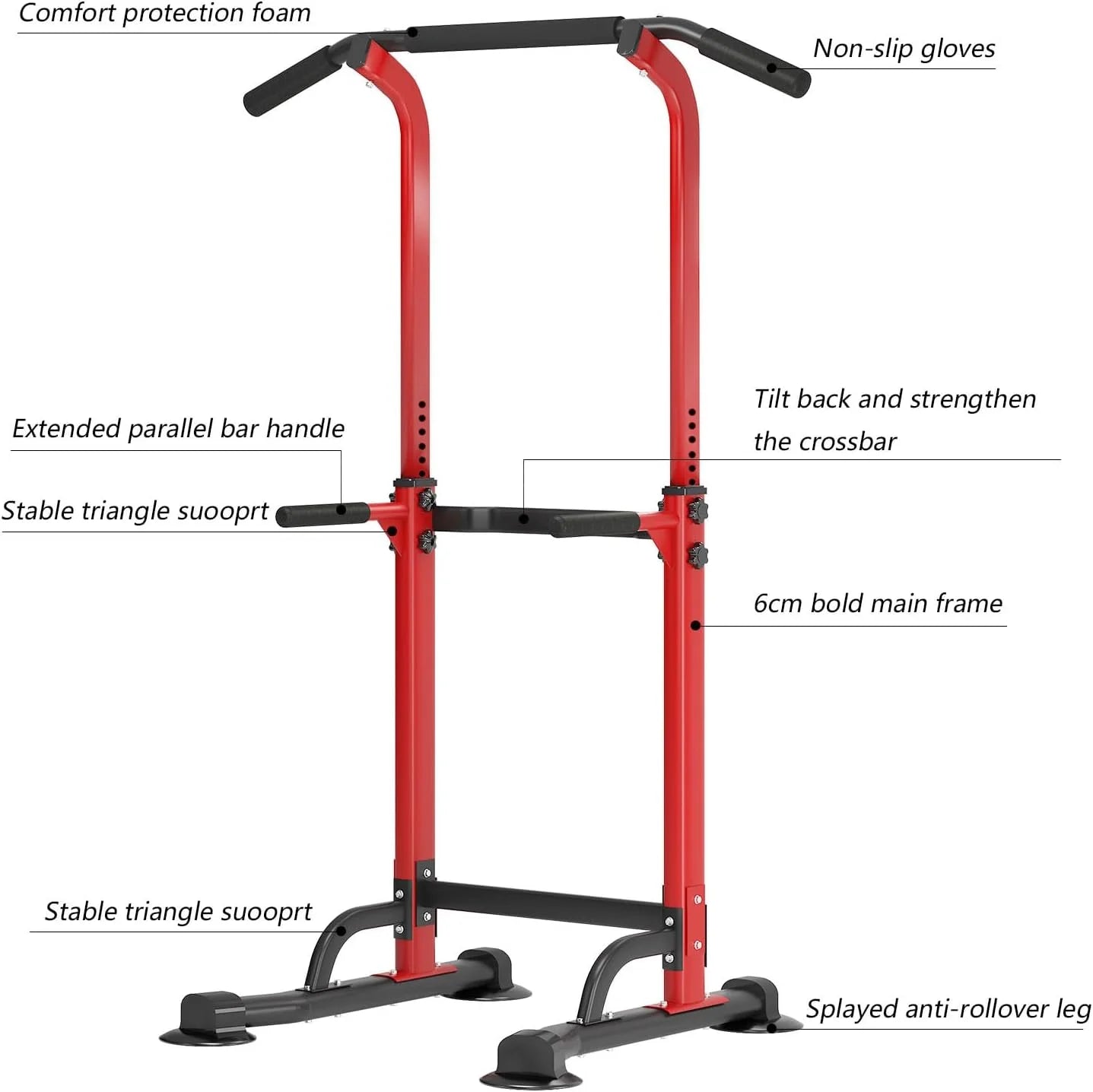 Height Adjustable Power Tower Dip Stands Pull up Bar Strength Training for Home Gym Red